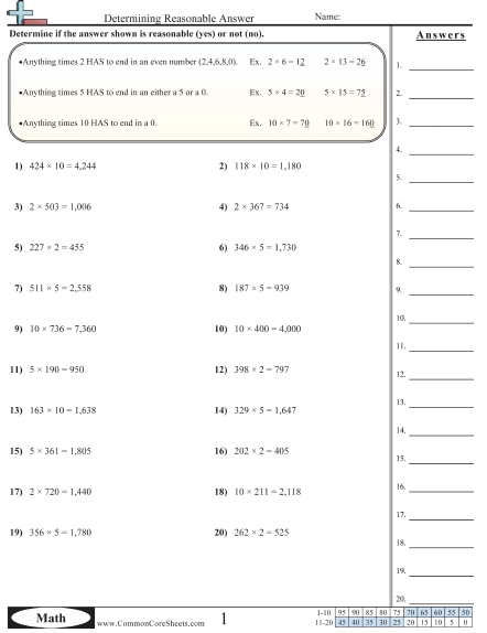 Multiplication Worksheets - Determining Reasonable Answer  worksheet